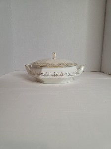 Vintage Octogon Dish With Lid  Gold Design With Crackling