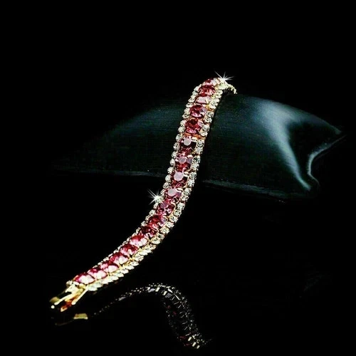 7 Ct Round Cut Natural Ruby & Diamonds Women's Bracelet Solid 14K Yellow Gold 7 - Image 2 of 4
