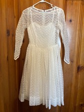 Vintage 1950s Small White Longsleeve Sheer Overlay Embroidered Wedding Gown