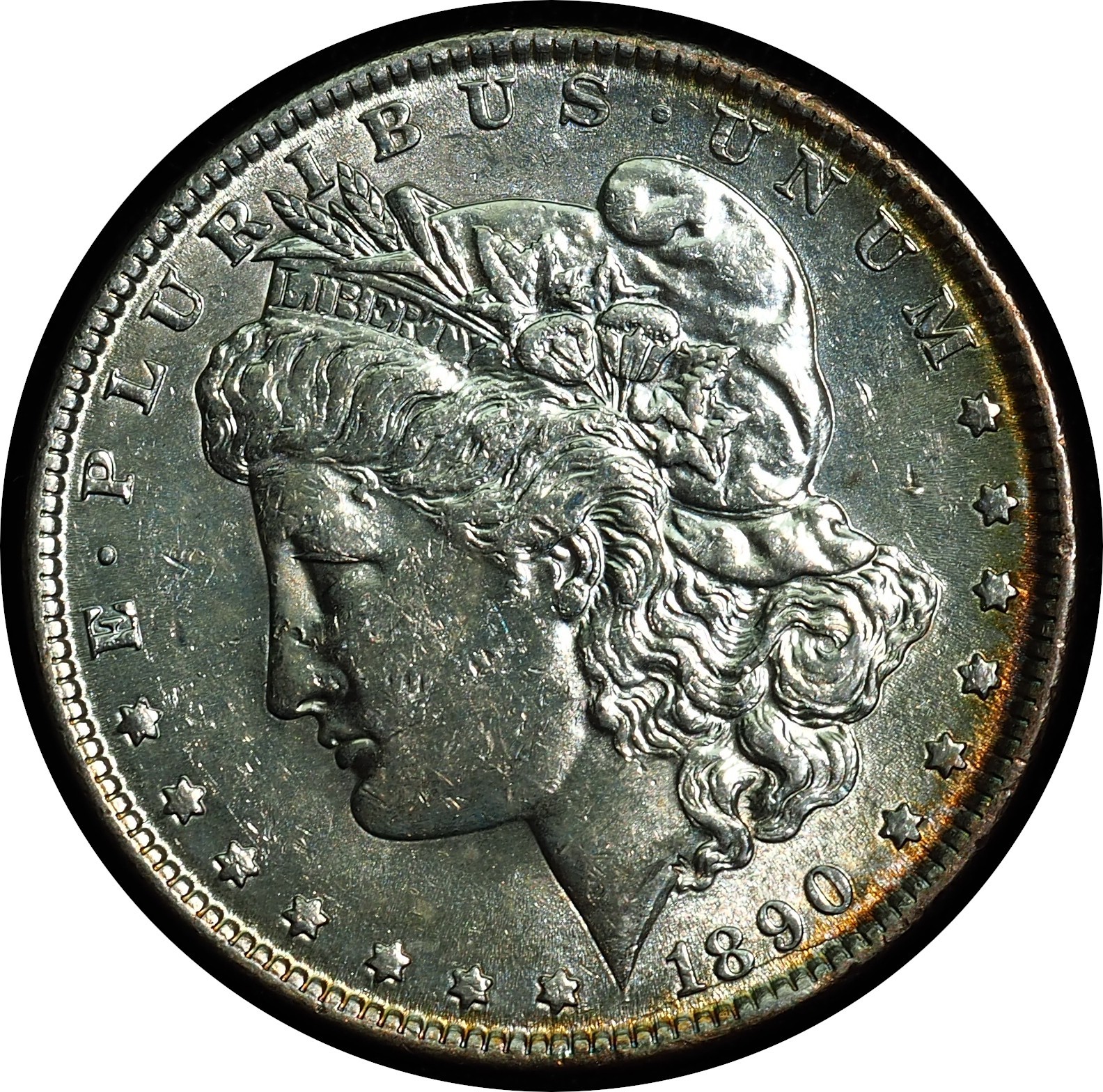 1890 Morgan Dollar Choice AU Rainbow Toned