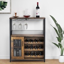 3-Tier Wine Bar Cabinet with Adjustable Shelves, Glass Rack and Mesh Door, Brown