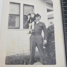 Soldier In Uniform Holding Boy Military Man Family Home Vintage Photo
