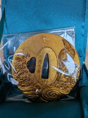 Wave & Fish Gold Plated Tsuba Samurai Sword Guard w/ Green Case