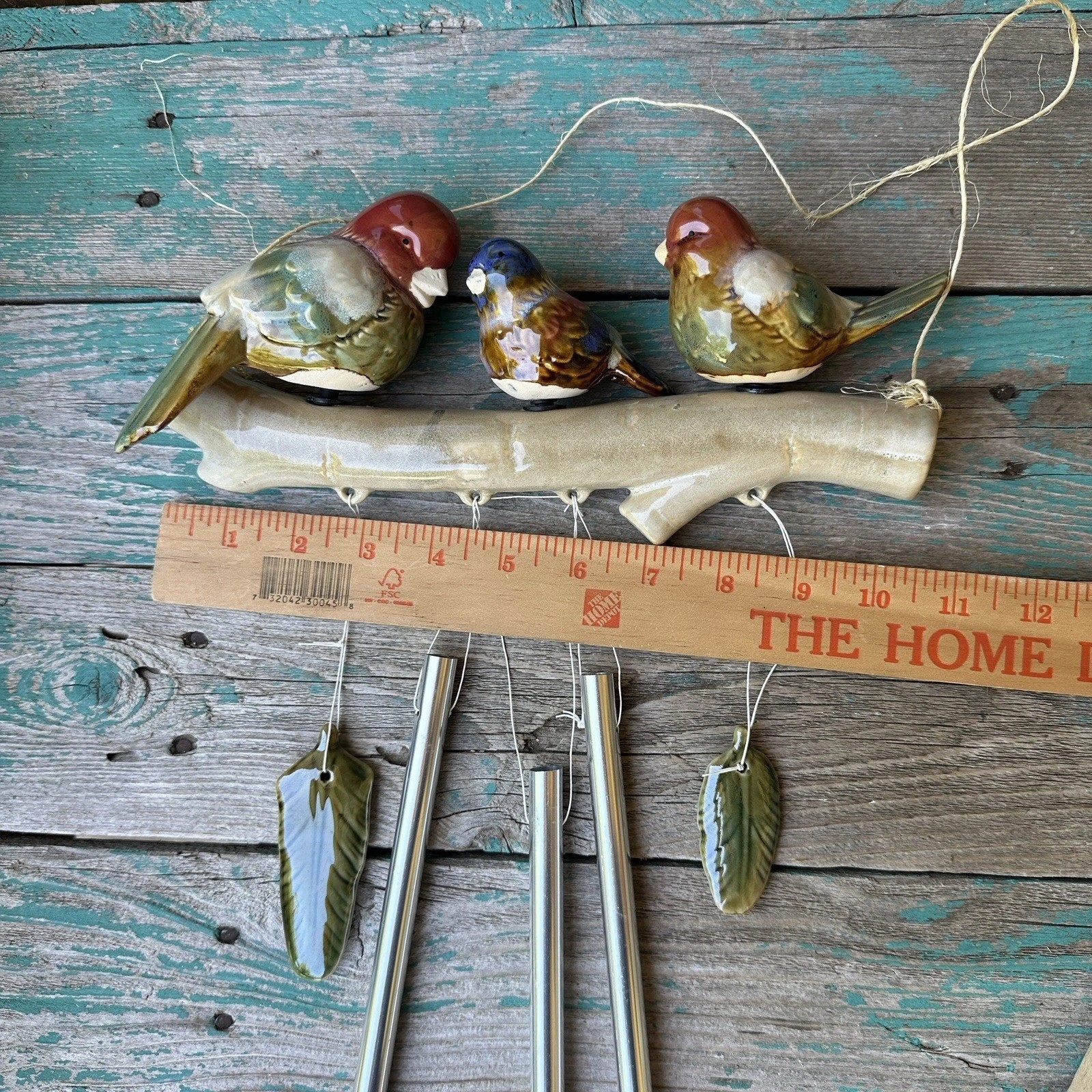 Vintage Bird Leaf Wind Chime 16" Ceramic Metal Outdoor Multicolor Boho Colorful