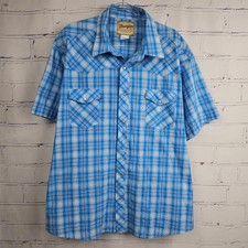 Wrangler Vintage Western Pearl Snap Shirt Blue Plaid Short Sleeve Mens XL
