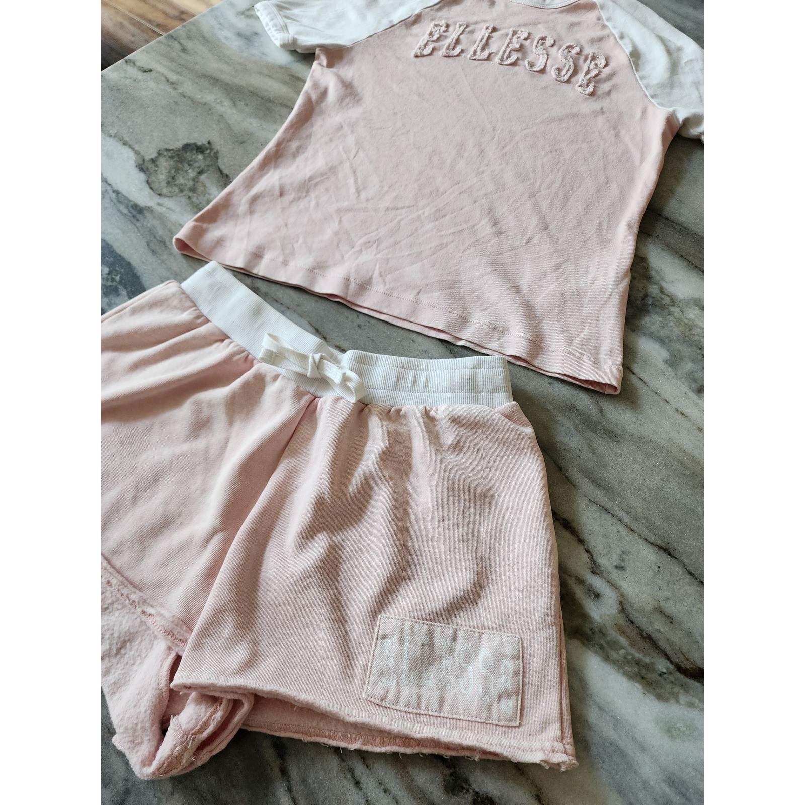 Ellesse Womens 2 Piece Lounge Set Pink White Raglan Tee Shorts Chenille Logo image 2