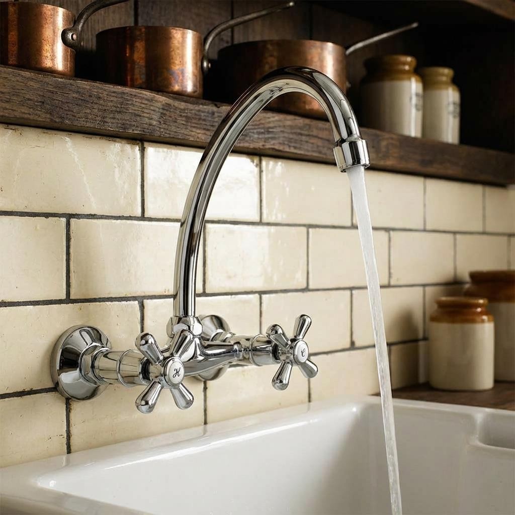 Traditional Retro Wall Mounted Cross Head Kitchen Tap
