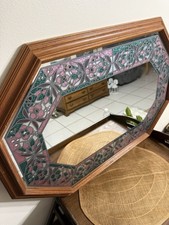 Octagon Accent Wall Mirror Vintageretro Wood Frame Floral Stained Glass 31x21