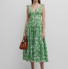 Carolina Herrera Women's Green Palm Print V-Neck Shoulder Bow Dress Size 0