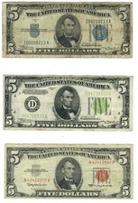 $5 Lot of 3 notes: 1 Silver Cert 1934, 1 Green Seal 1934, 1 Red Seal 1963