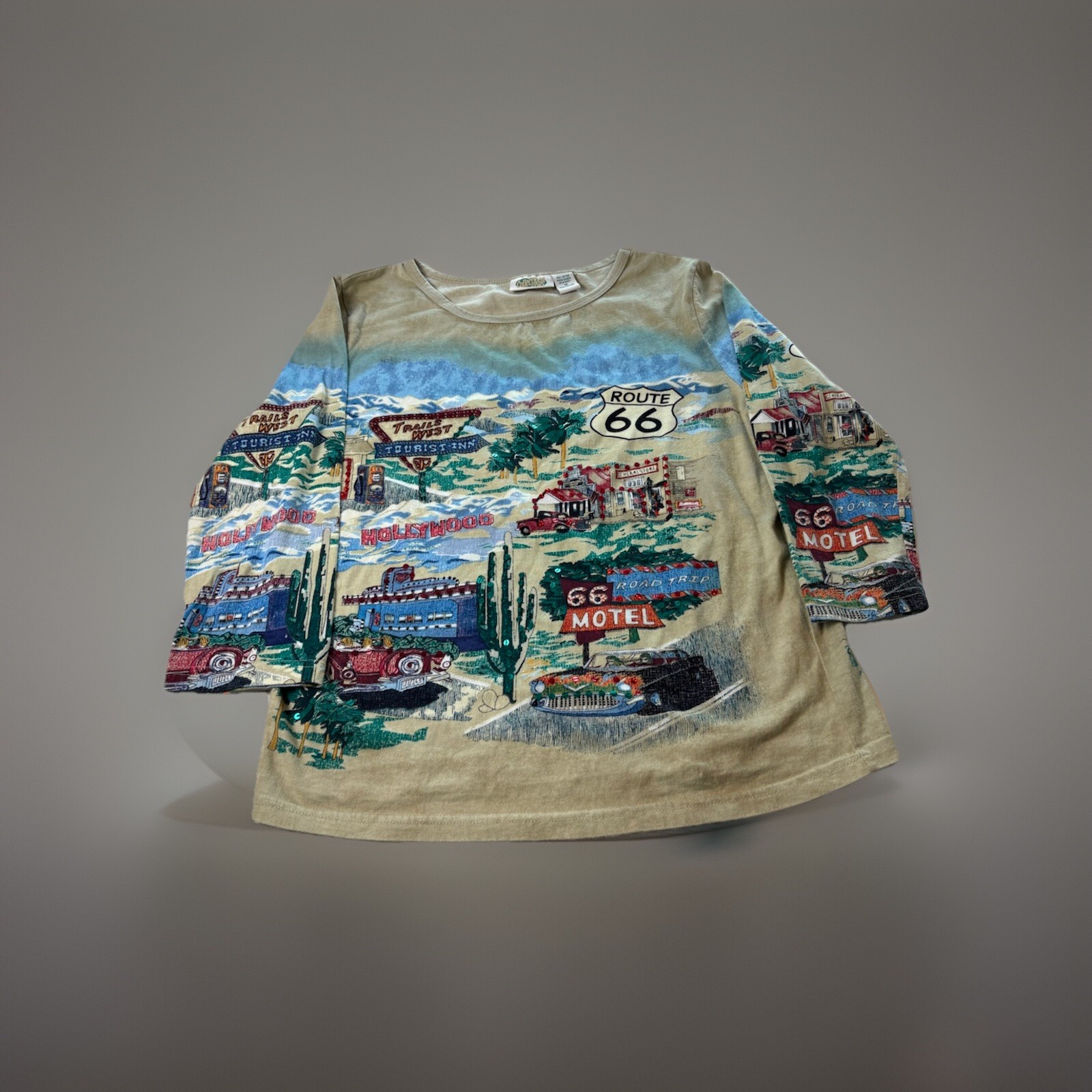 Collections Etc Ladies Sparkle Rhinestone Route 66 Hollywood Travel Shirt Size M