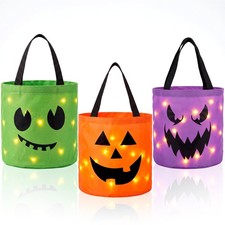 3 PCS Light Up Halloween Pumpkin Bucket, 10 x 11.8 in LED Trick or Treat Bucket,