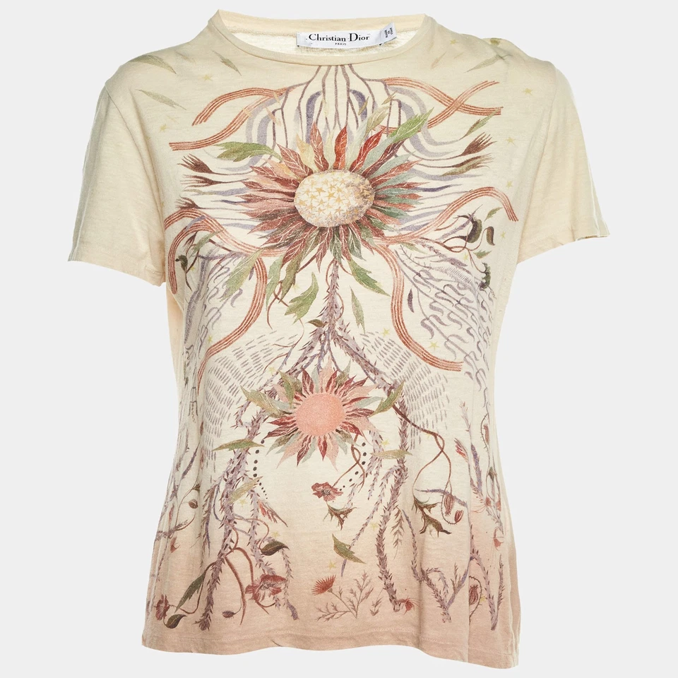 Camiseta Dior Amarillo Pálido Estampado de Flores Algodón Lino Cuello Redondo S