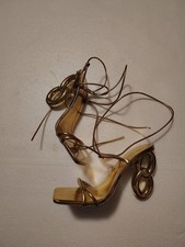 Women's Fashion Square Toe Golden Criss Cross Strap Party High Heel Sandals