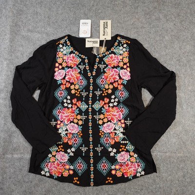 Savanna Jane Top Womens Small NWT Embroidered Long Sleeve V-Neck Boho Floral