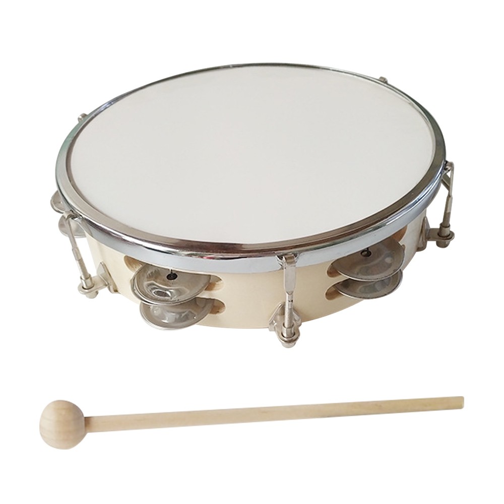 8 Inch Tambourine Handbell Hand Drum With Double Row Jingles Percussion