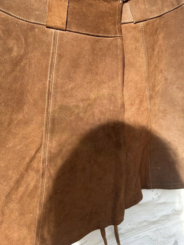 Falda Vintage Años 70’s Para Mujer Cuero Marrón Mini Hippy Western Falda Envolvente Foto 2 de 4