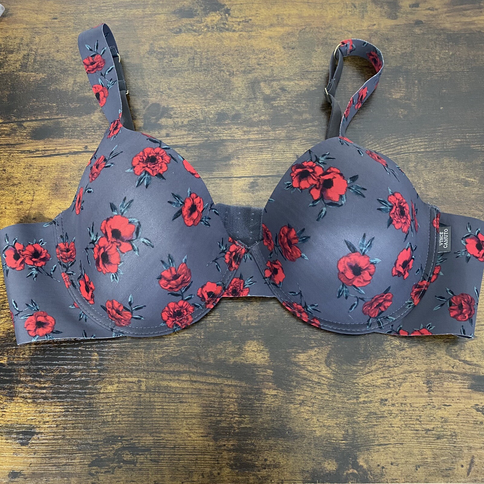 Vince Camuto Bra 42C Bra Blue Gray Red Floral Full Coverage Underwire Sexy