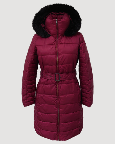 Burgundy Quilted Jacket, Faux Fur Hood 