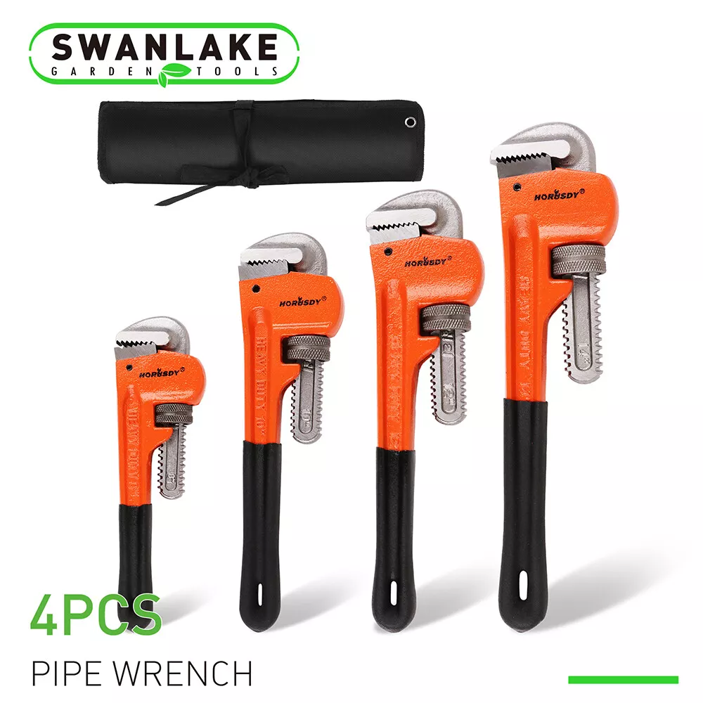 4pc Pipe Wrench Set Monkey Heat Treated Adjustable Heavy Duty With