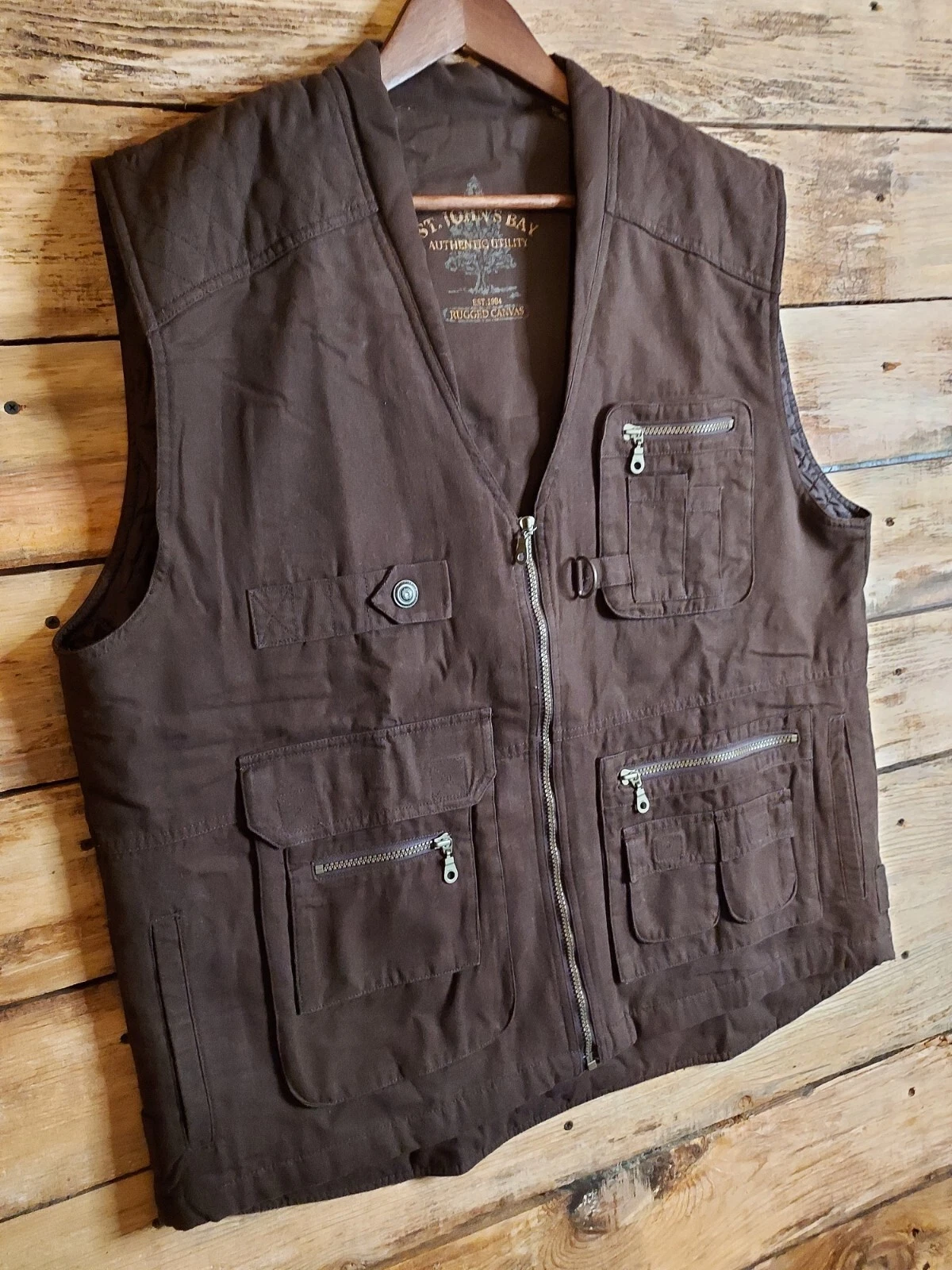 St John's Bay Vest Mens XLT Brown Hunting Fishing Utility Vest Quited Liner