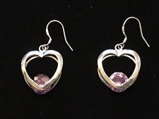 Nice STERLING SILVER 925 HEART SHAPE EARRINGS WITH ROUND Purple AMETHYST Stones