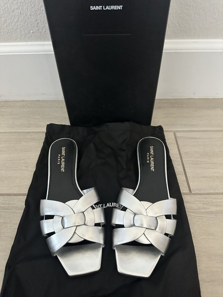 YSL SAINT LAURENT SILVER LEATHER TRIBUTE FLAT SANDAL SHOE YSL SAINT LAURENT SILVER LEATHER TRIBUTE FLAT SANDAL SHOE