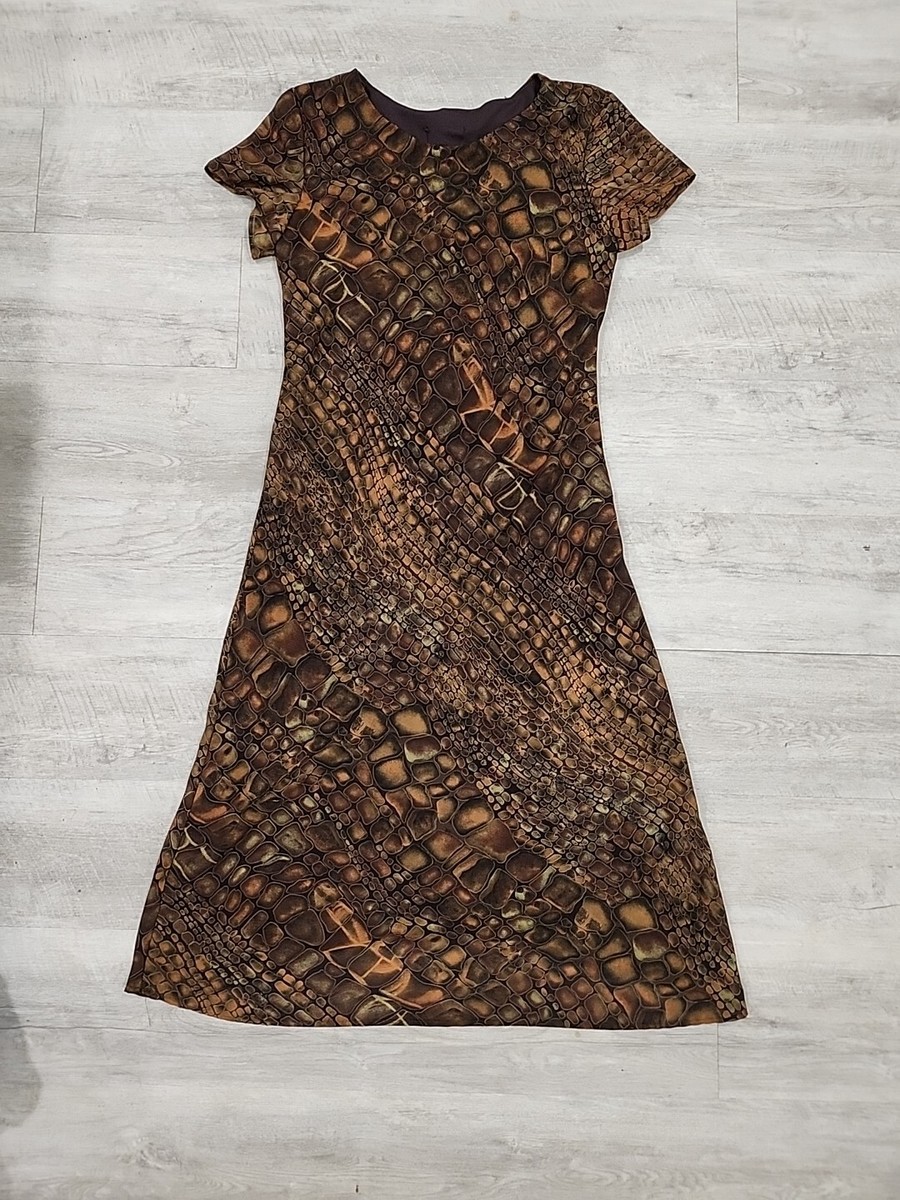 Vtg Y2k 90s Dress Brown Midi Animal Print Chiffon Biase Cut Short Sleeve