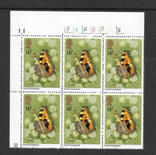 1981 BUTTERFLIES 14p DOT CYLINDER BLOCK SG1151 MNH
