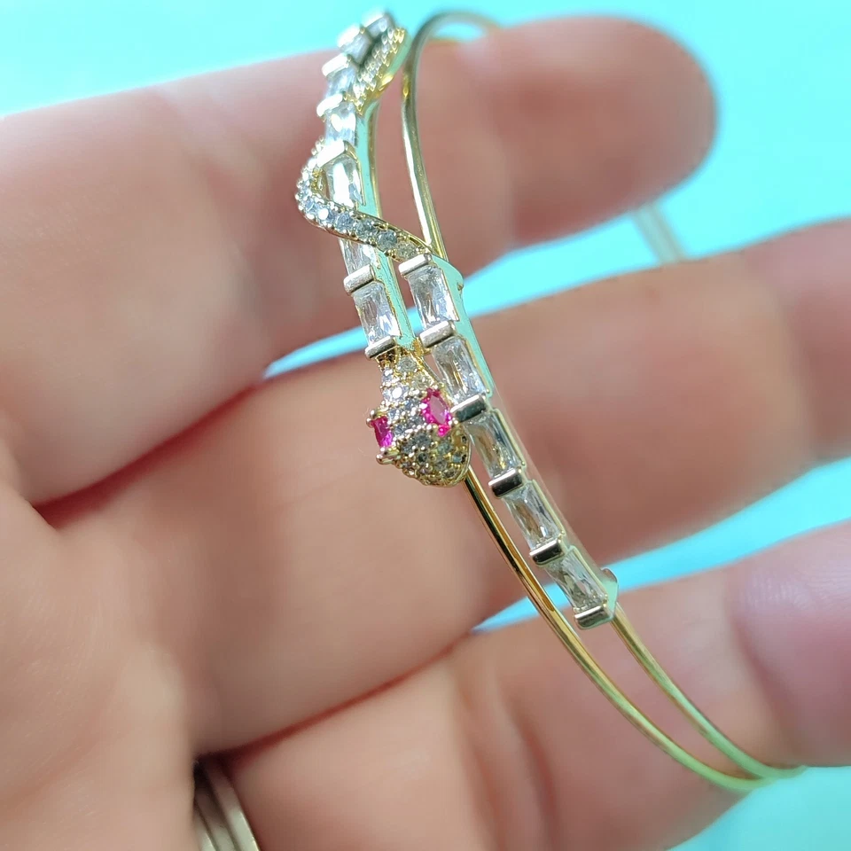 Gold Plated Cuff Bracelet Red Lab Ruby Eyes And Clear CZ Snake 7in - Image 3 of 4