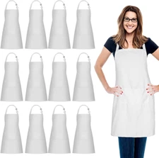 12 Pack 100% Cotton Aprons Bulk with 2 Pockets Cooking Chef Kitchen Apron White