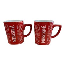 Vtg Red Nescaf&eacute; Mug Reindeer Design 11oz Coffee Cup Set Of 2 Mugs Christmas Cafe