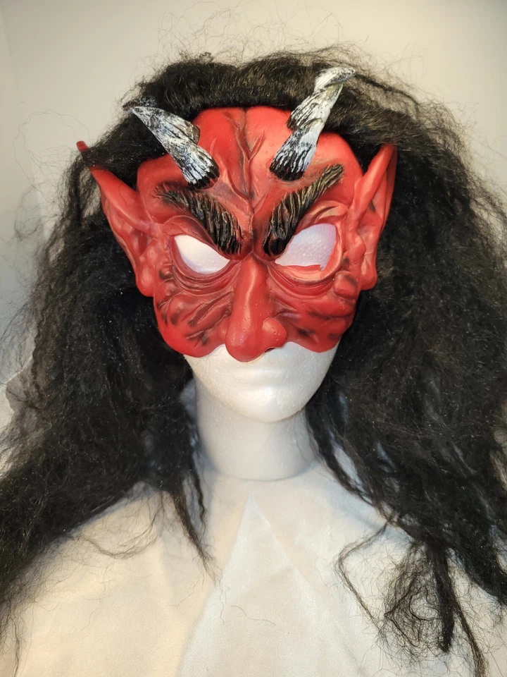 Halloween Red Horned Devil Black Hair 1/2 Face Mask - Image 2 of 4