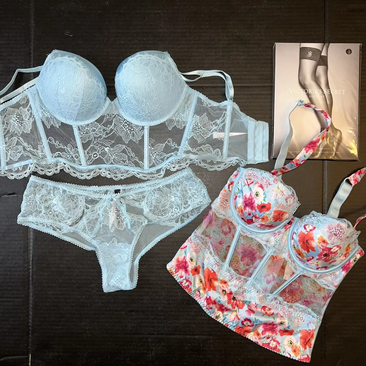 Victoria's Secret 34B, 34C Hard Fabric Long Bra Set + Baby Corset Blue