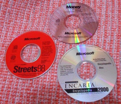 Lot of 3: Microsoft Money 2000, Encarta Encyclopedia, Streets 98, CD PC 2000