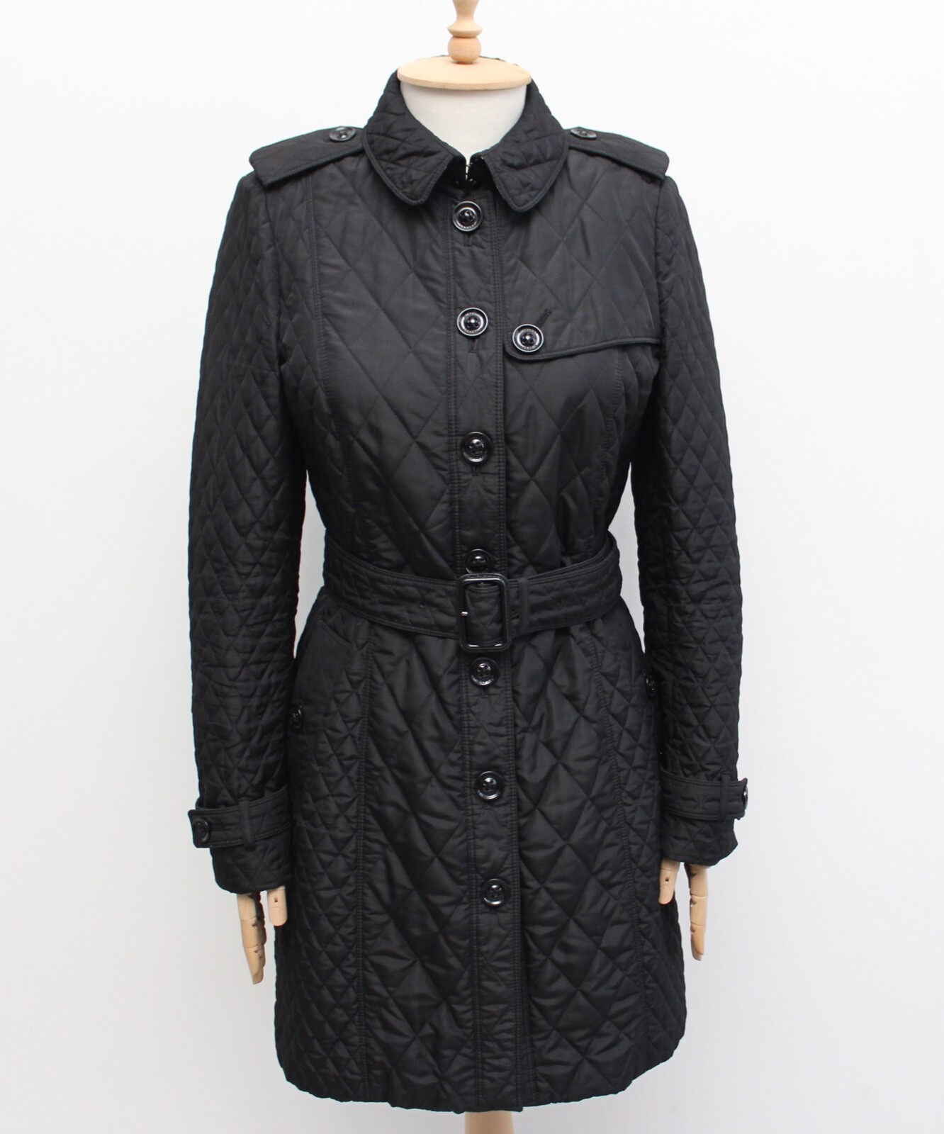 Women's BURBERRY London Quilted Long Trench Coat Belted RARE Black UK10 US8 ~S
