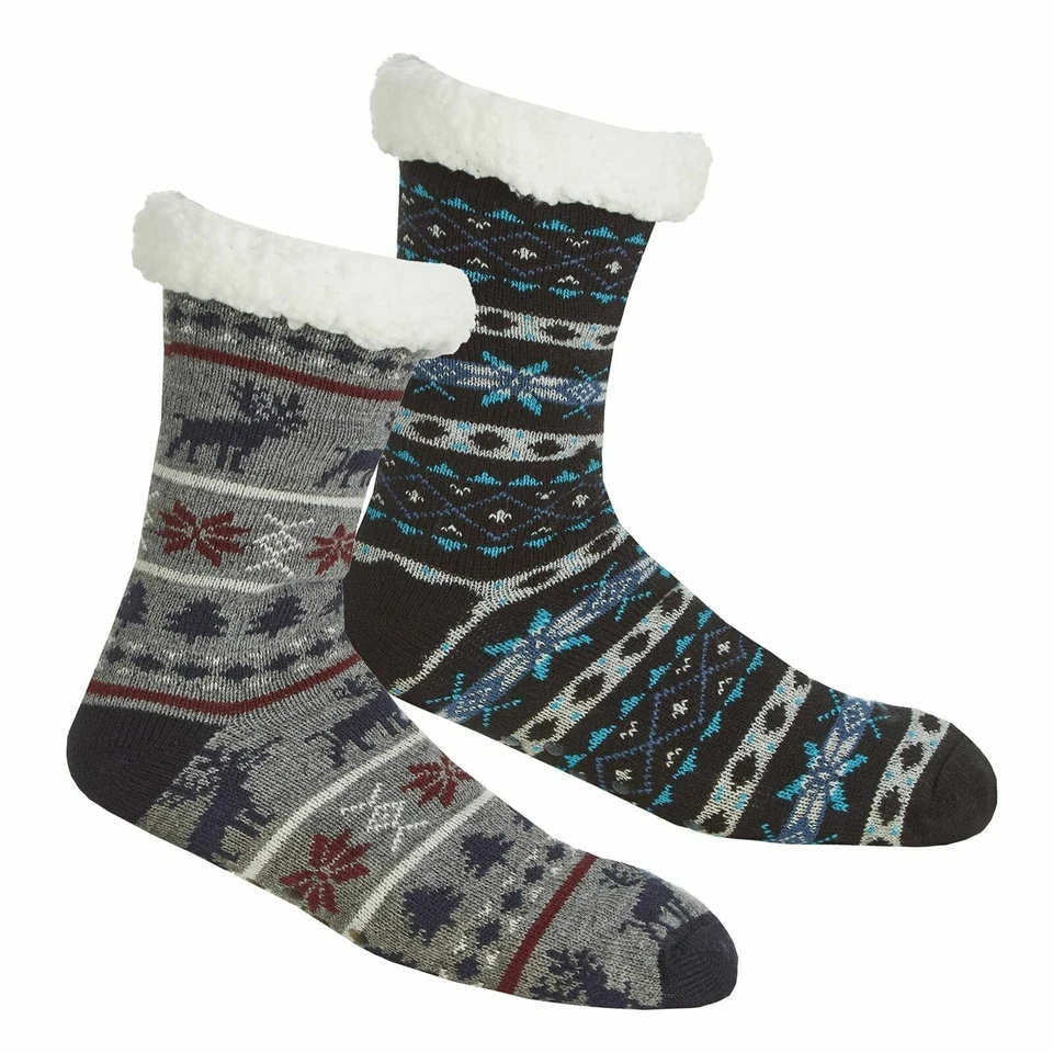 Mens Fairisle Chunky Knitted Sherpa Fleece Lined Bed Lounge Socks