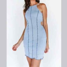 Sexy Light Blue Sleeveless Knit Detail Open Back Mini Dress