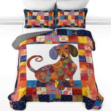Custom Patchwork Dachshund Quilt Bedding Set, Dog Lover Quilt Bedding Pillowcase