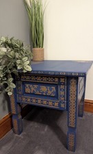 Hand-Painted Upcycled Blue & Gold Side Table - Unique Floral Design