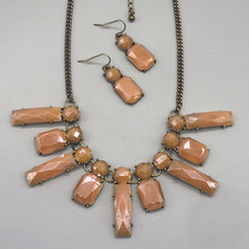 Peach Faceted Beaded Necklace Earring Set Bronze Tone Adjustable Pierced