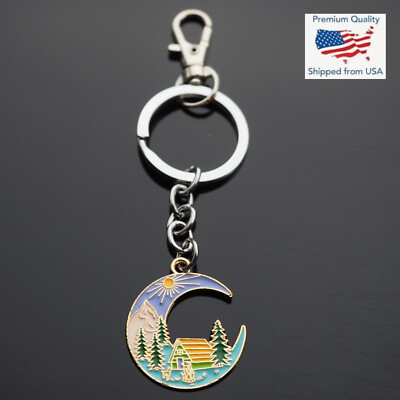 Mountain Cabin Camping Camp Fire Deer Forest Pine Trees Keychain Key Chain Clip