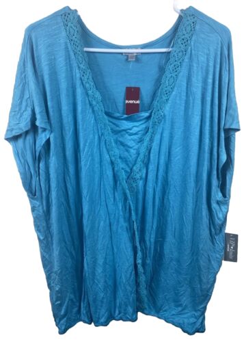 VIP Knits Blouse Womens Size 26/28 Blue Crochet Neck Short Sleeve Wrap Shirt NEW
