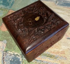 Handmade Hand Carved Wooden Trinket Box Small Square Jewelry Keepsake Inlaid Lid