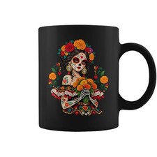 Day Of the Dead Catrina Sugar Skull Floral Black Coffee Mug 11oz
