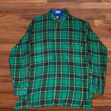 Vintage Tommy Hilfiger Green Plaid Flannel Button Up Shirt Made in Hong Kong