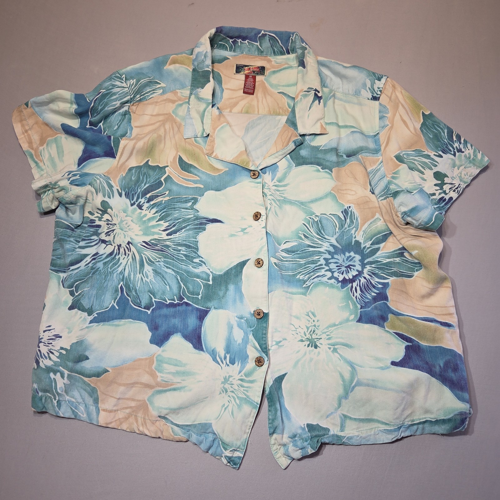 Cabana All Wear Long Floral Hawaiian Camp Shirt Women's 3X Blue Rayon Button Up