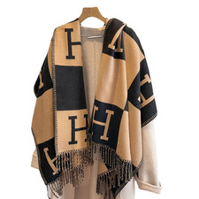Women Cashmere Scarf H Letter Print Tassel Fringe Shawl Warm Winter Neck Wrap