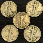 Lot of 5 1942-1943 Walking Liberty Half Dollar 90% Silver Coins ($2.50 FV)