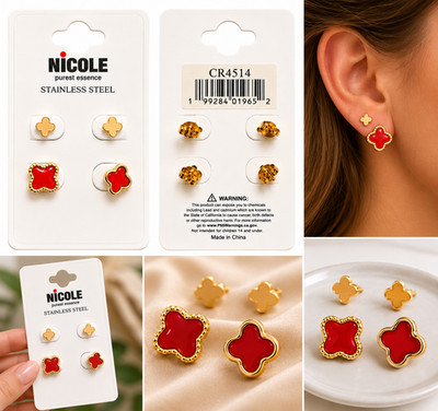 Nicole Stainless Steel 4-Piece Stud Earring Set   Gold & Red Clover Design